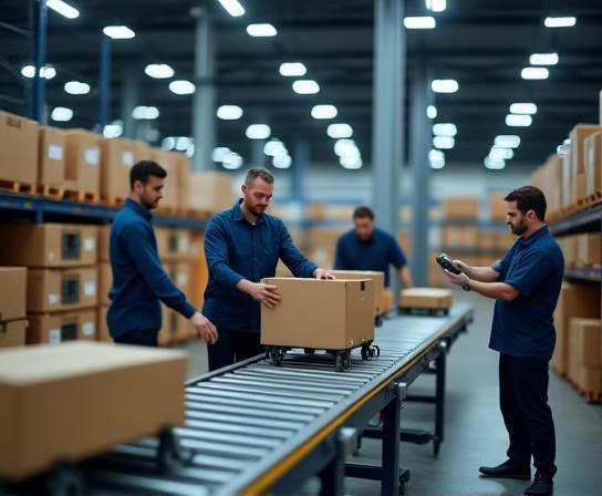 Équipe ExpressLogistique FR gérant la logistique dans l'entrepôt
