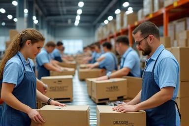 Préparation de commandes e-commerce, équipe en action
